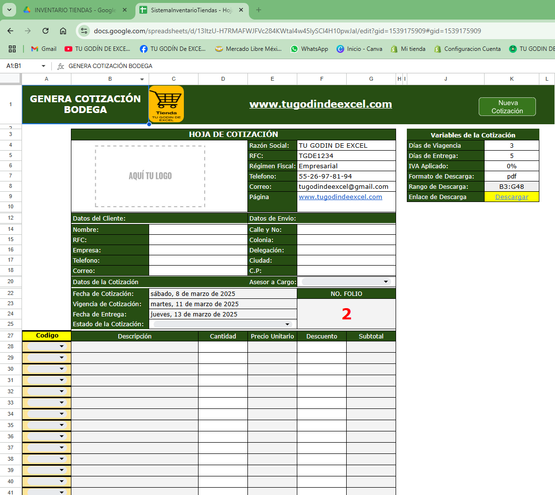 Control de Inventario para Bodega y Sucursales en Excel 2025 (Google Sheets/Multiusuario)