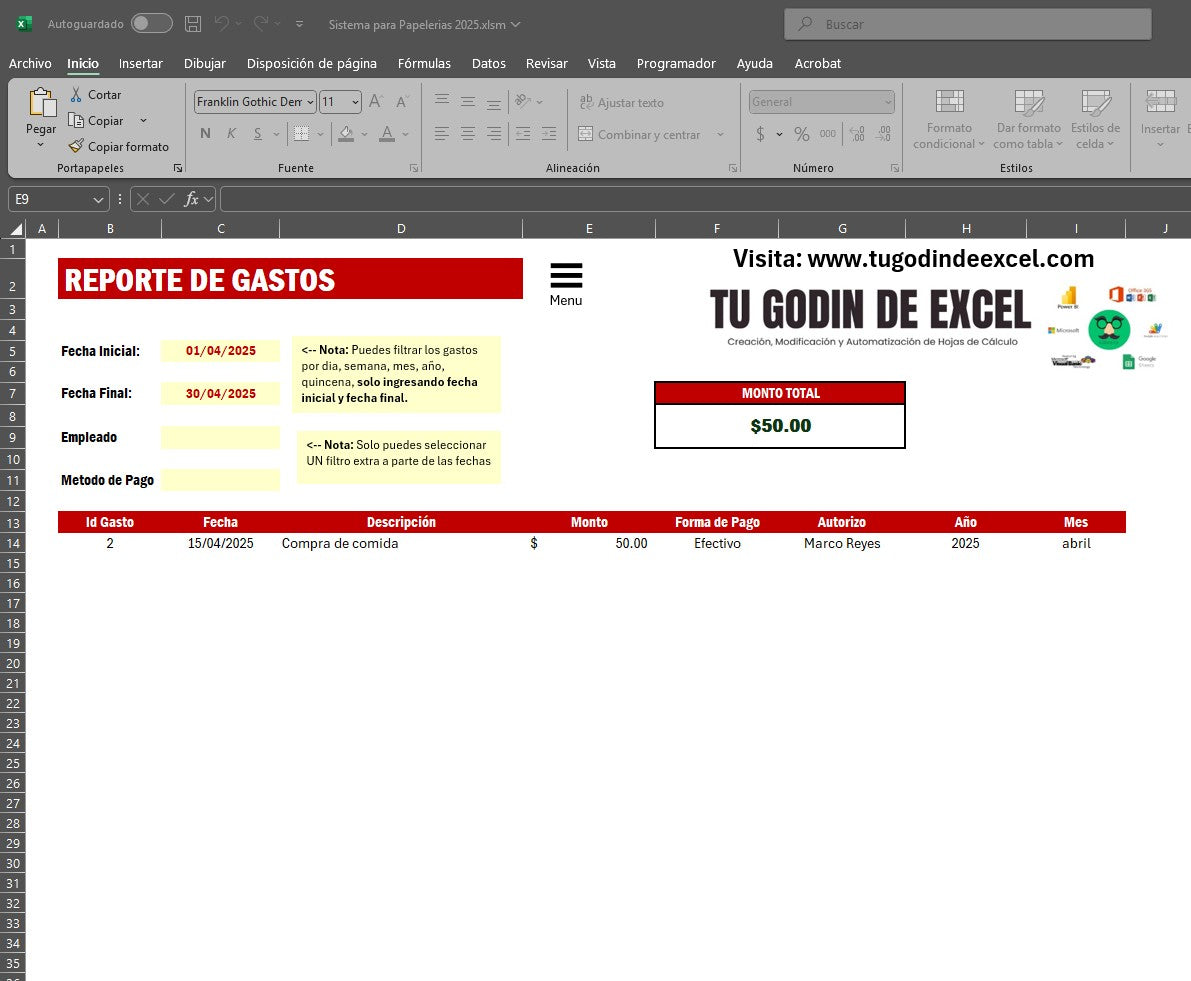 Punto de Venta para Papelerias 2025 en Excel