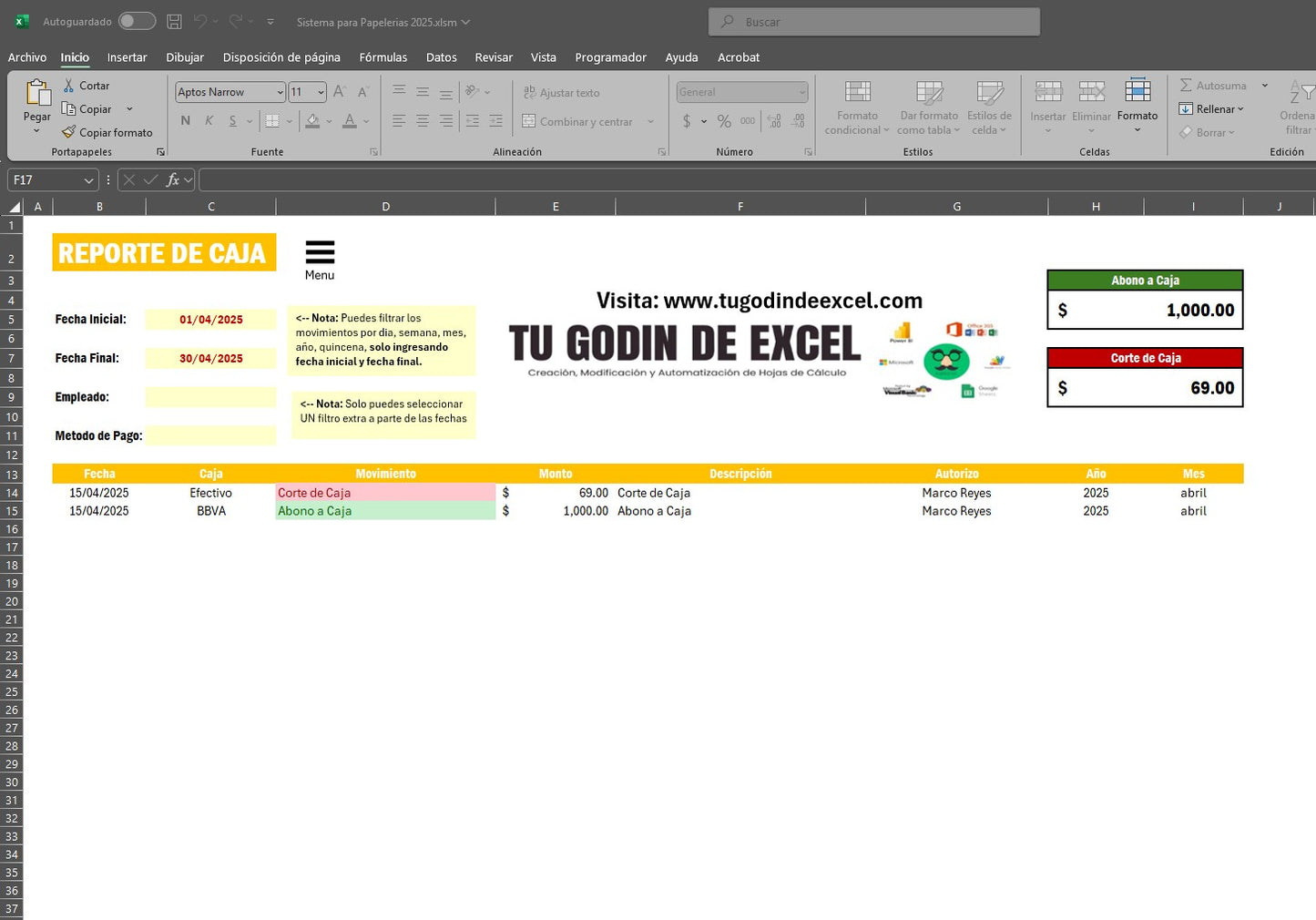 Punto de Venta para Papelerias 2025 en Excel