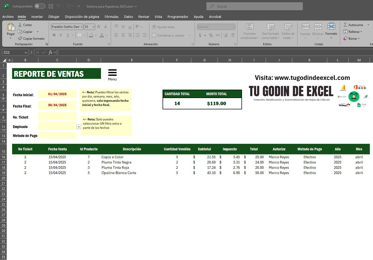 Punto de Venta para Papelerias 2025 en Excel