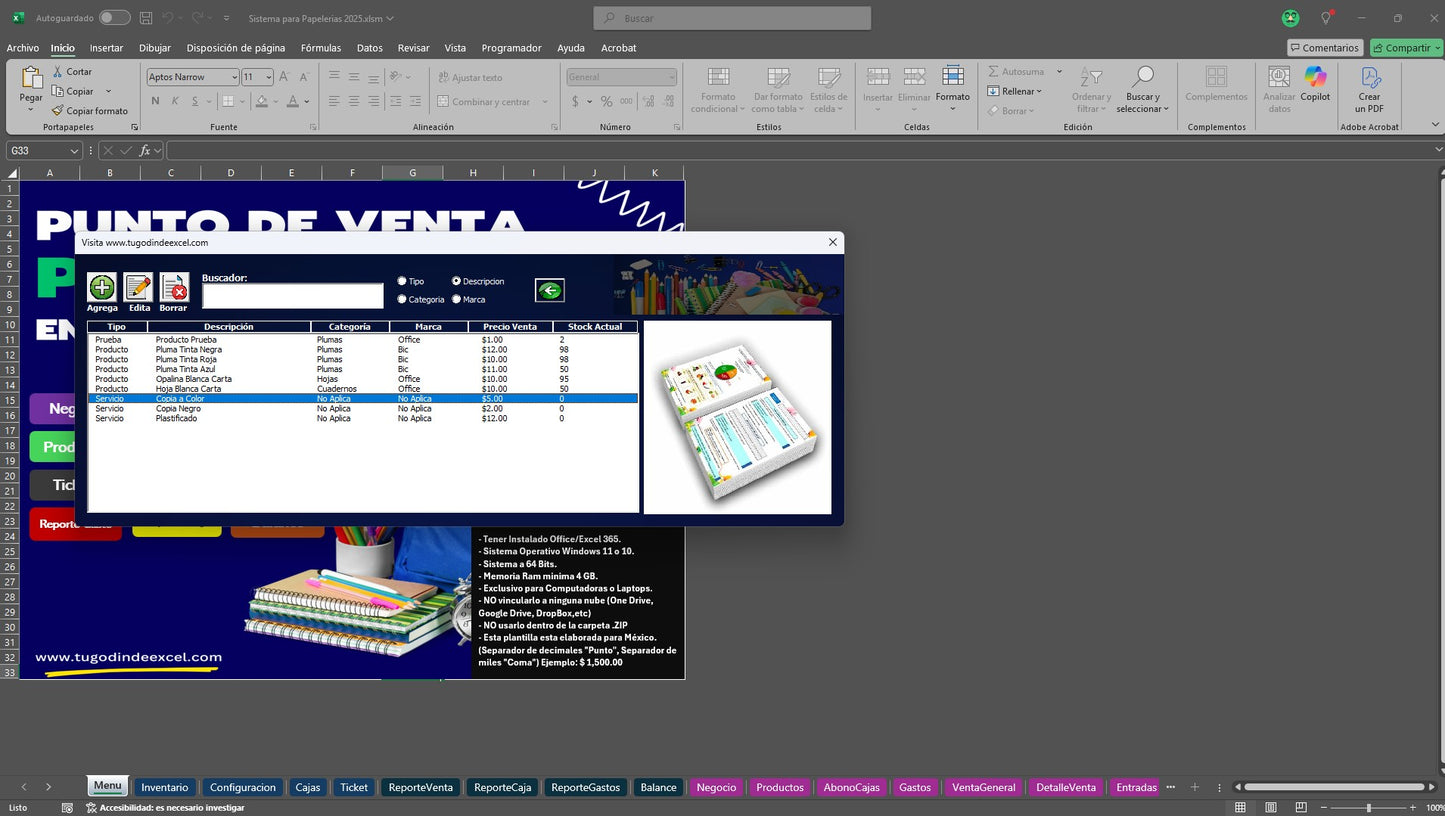 Punto de Venta para Papelerias 2025 en Excel
