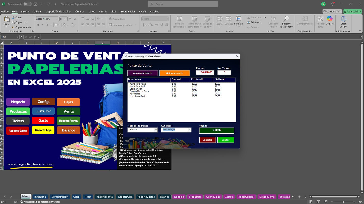 Punto de Venta para Papelerias 2025 en Excel