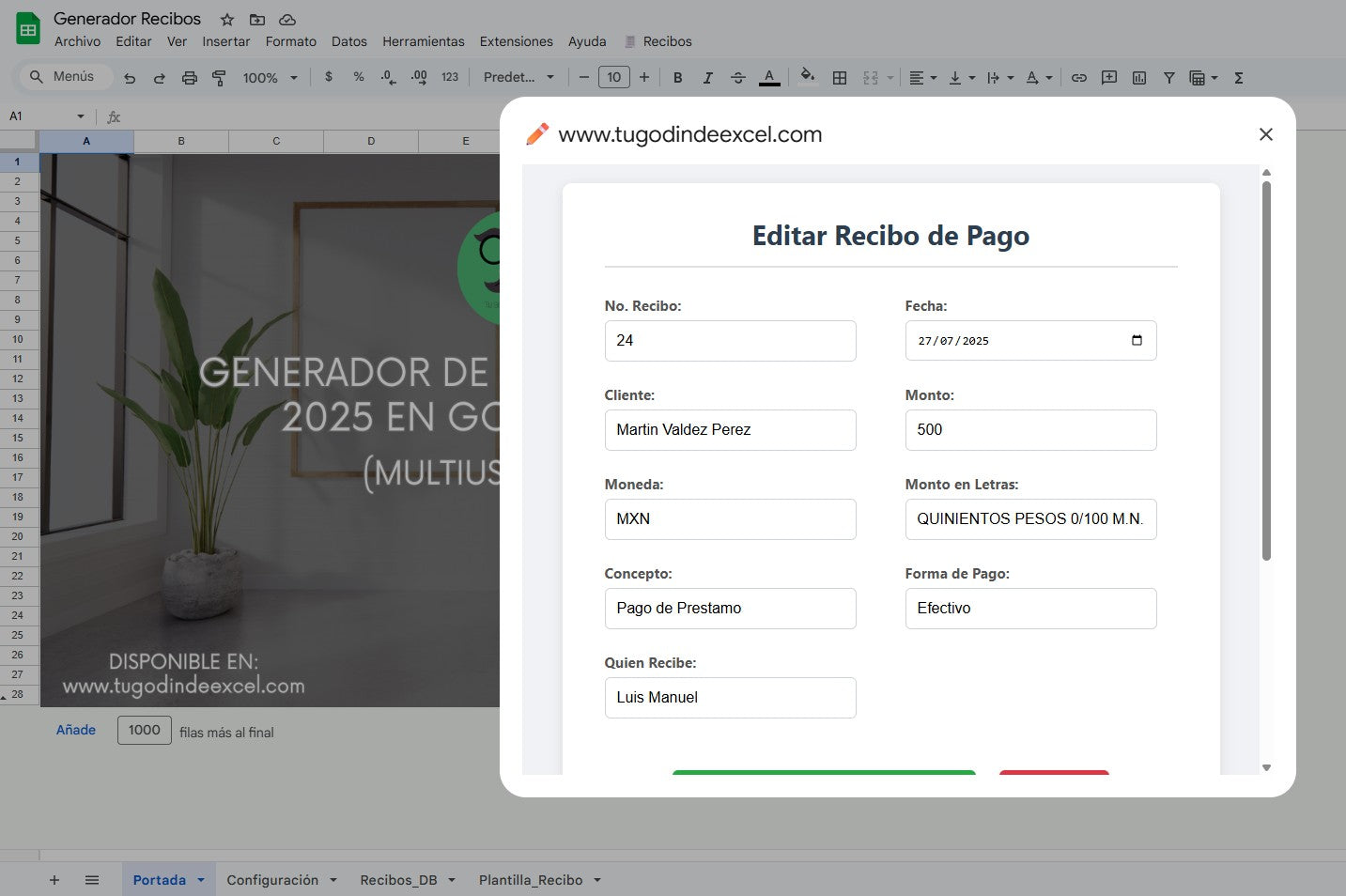 Generador de Recibos de Pago 2025 en Google Sheets Multiusuario
