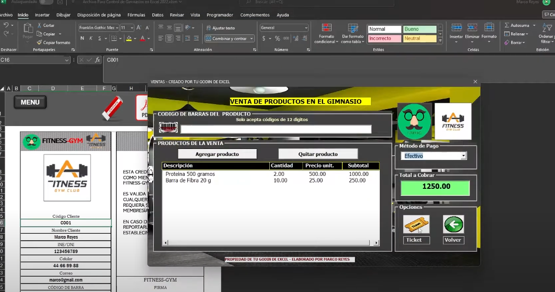 Sistema para Control de Gimnasios en Excel 2023