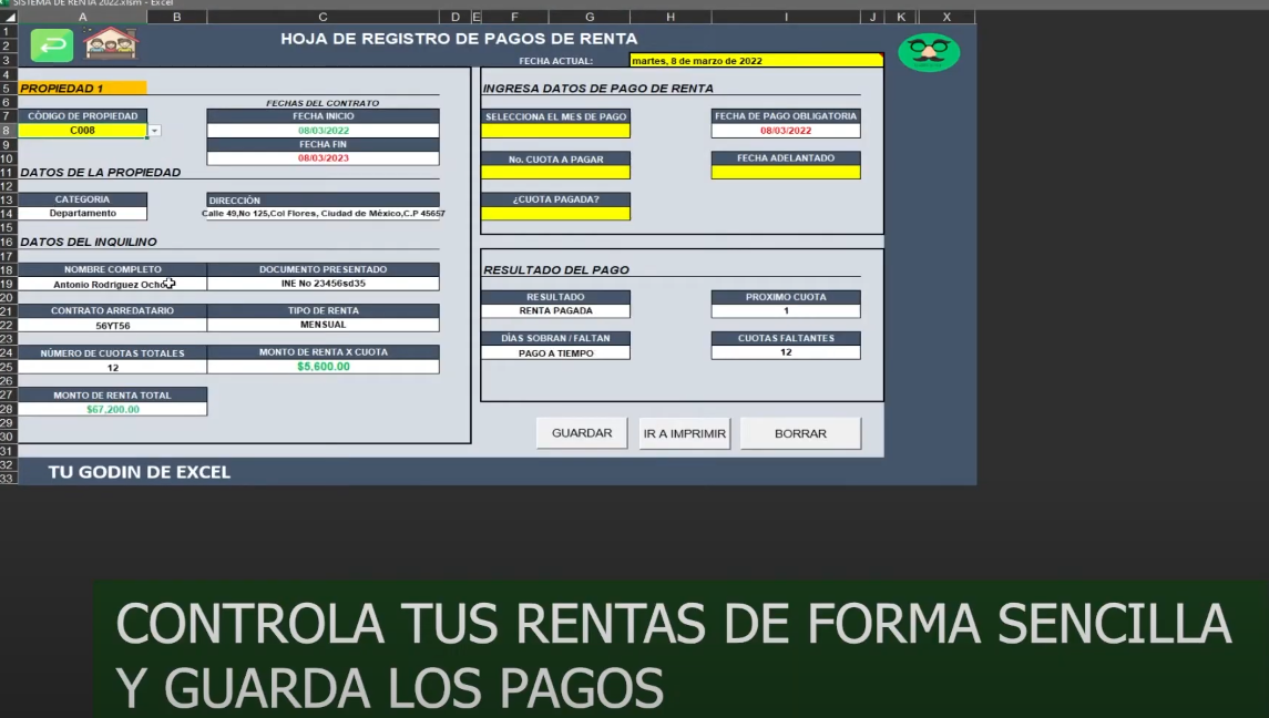 Sistema Para Gestión de Rentas en Excel 2022