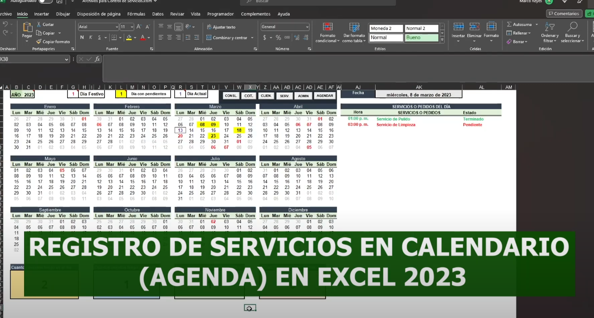 Registro de Servicios en Calendario en Excel 2023