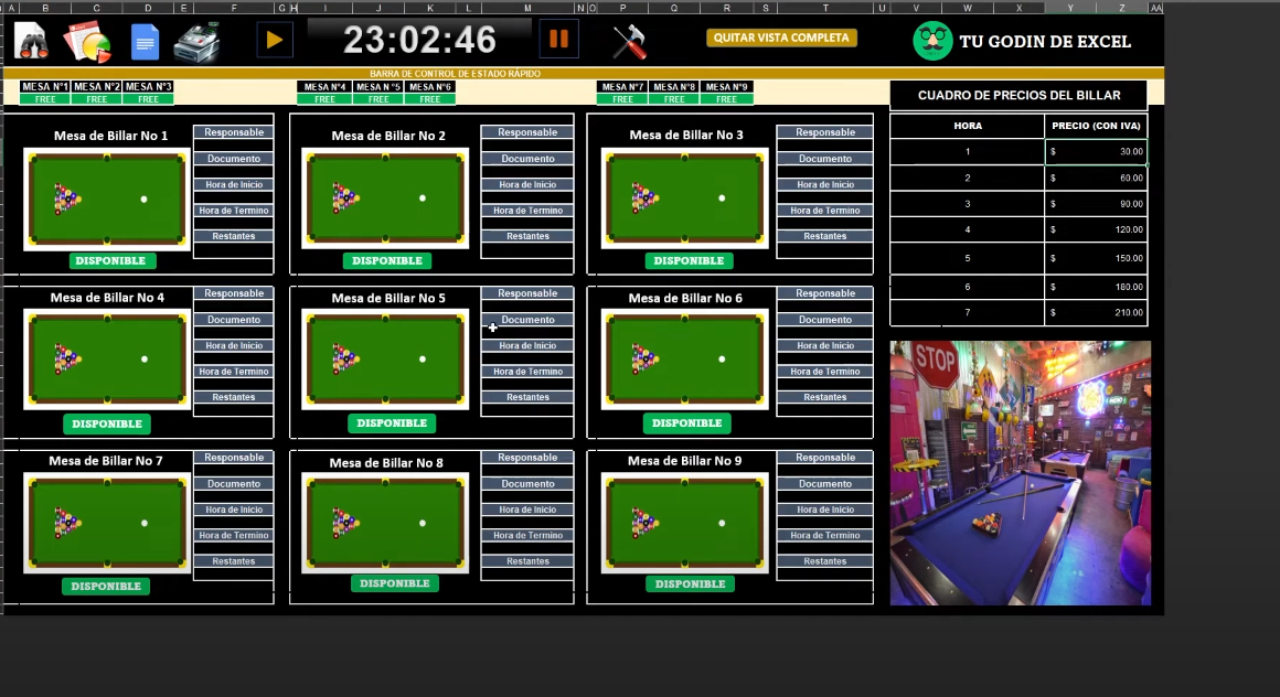 Sistema para Rentas de Mesas de Billar en Excel 2022