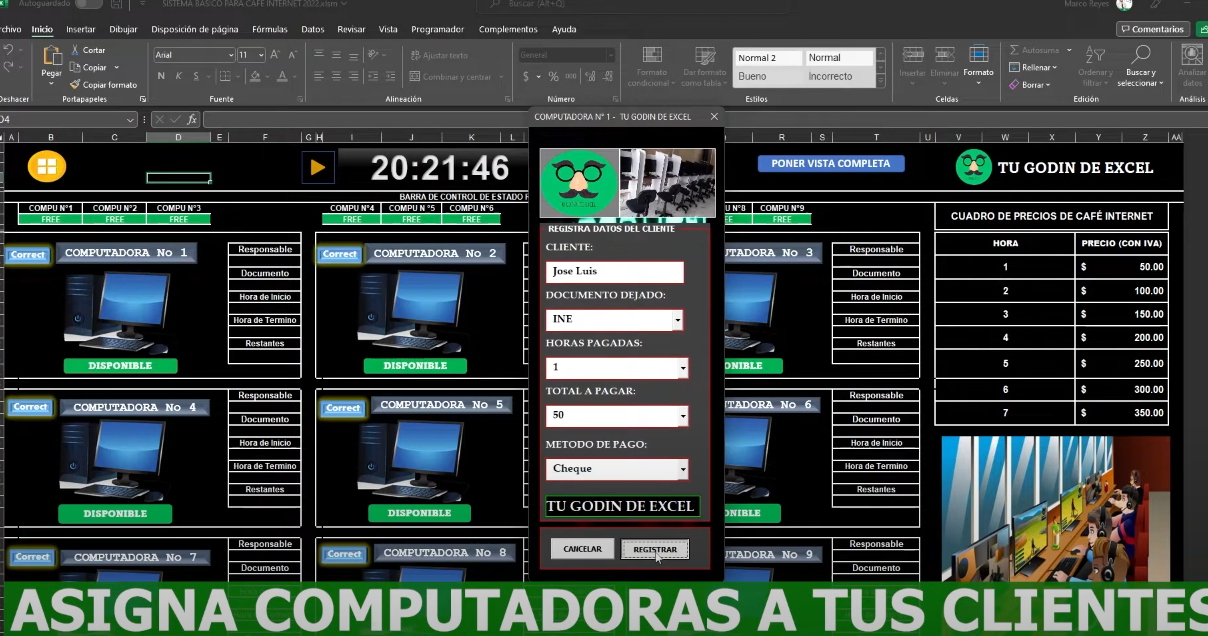 Sistema Básico para Café Internet en Excel 2022