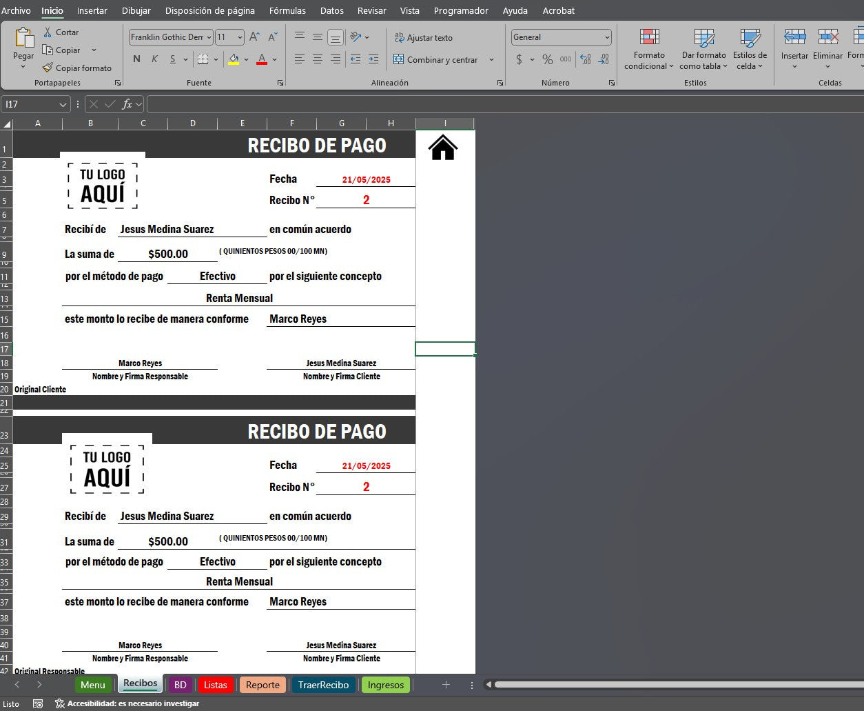 Sistema para Control de Recibos en Excel 2025