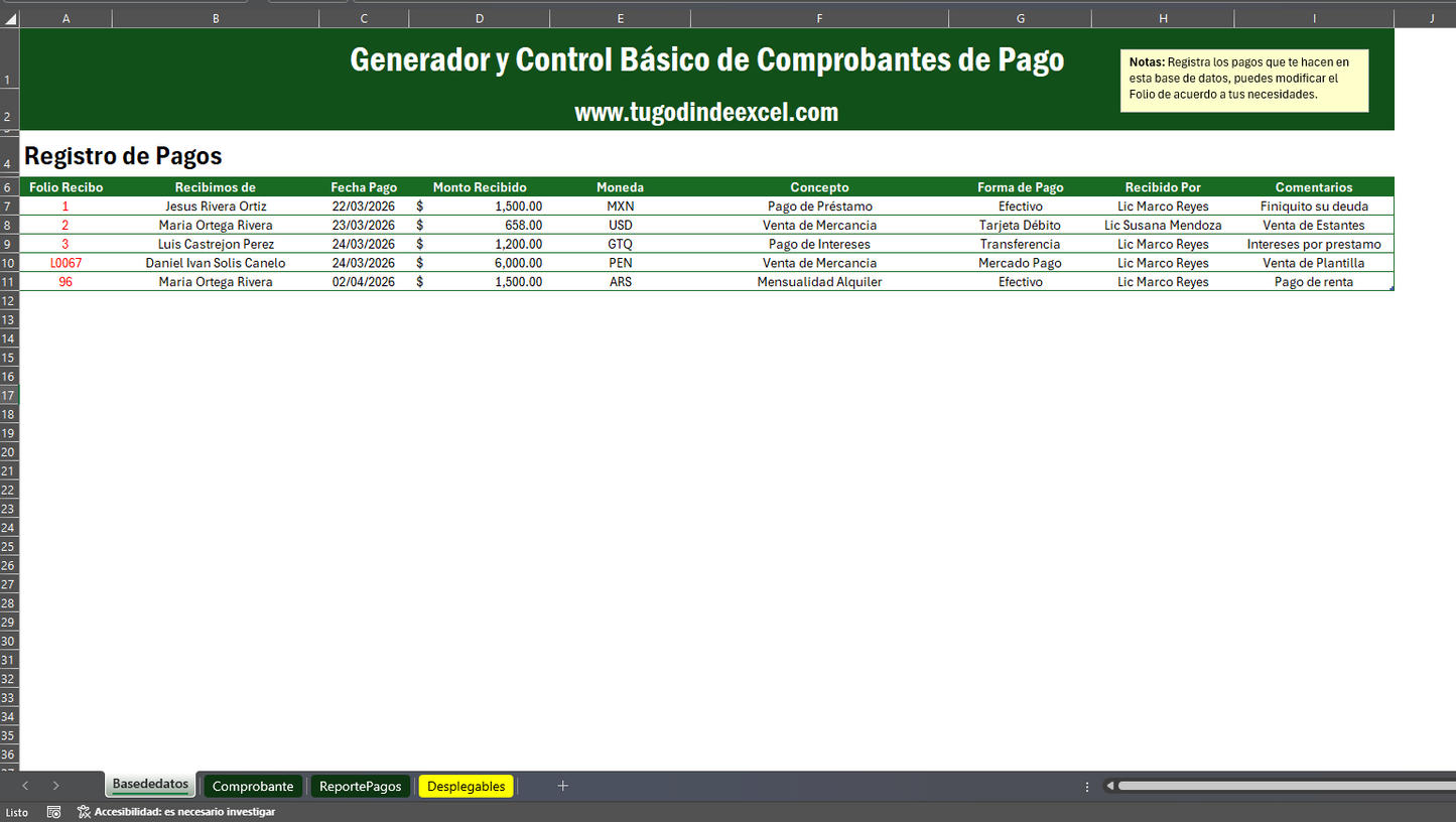 Formato para Control y Generador de Recibos de Pago ¡Multidivisas!