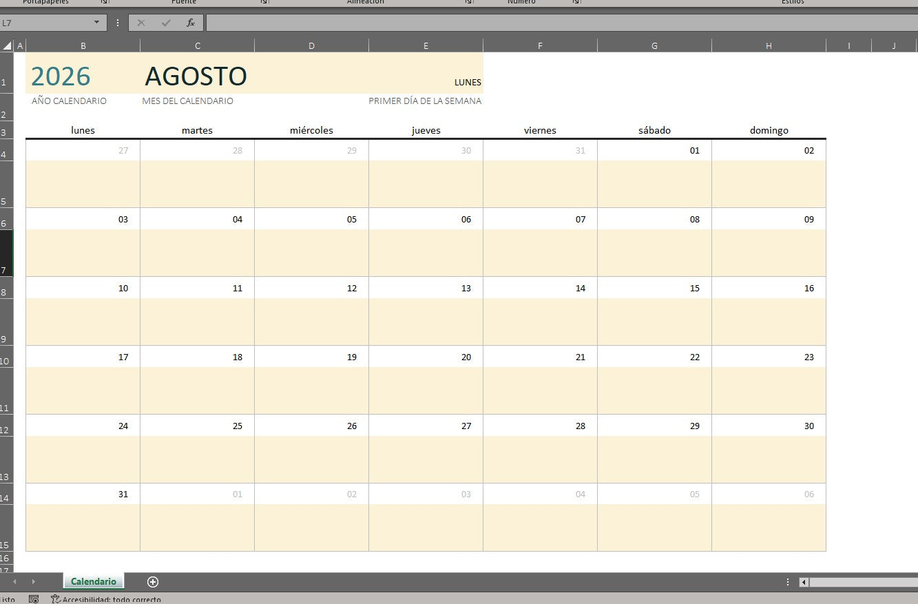 Formato Básico de Calendario en Excel (con espacio para notas)