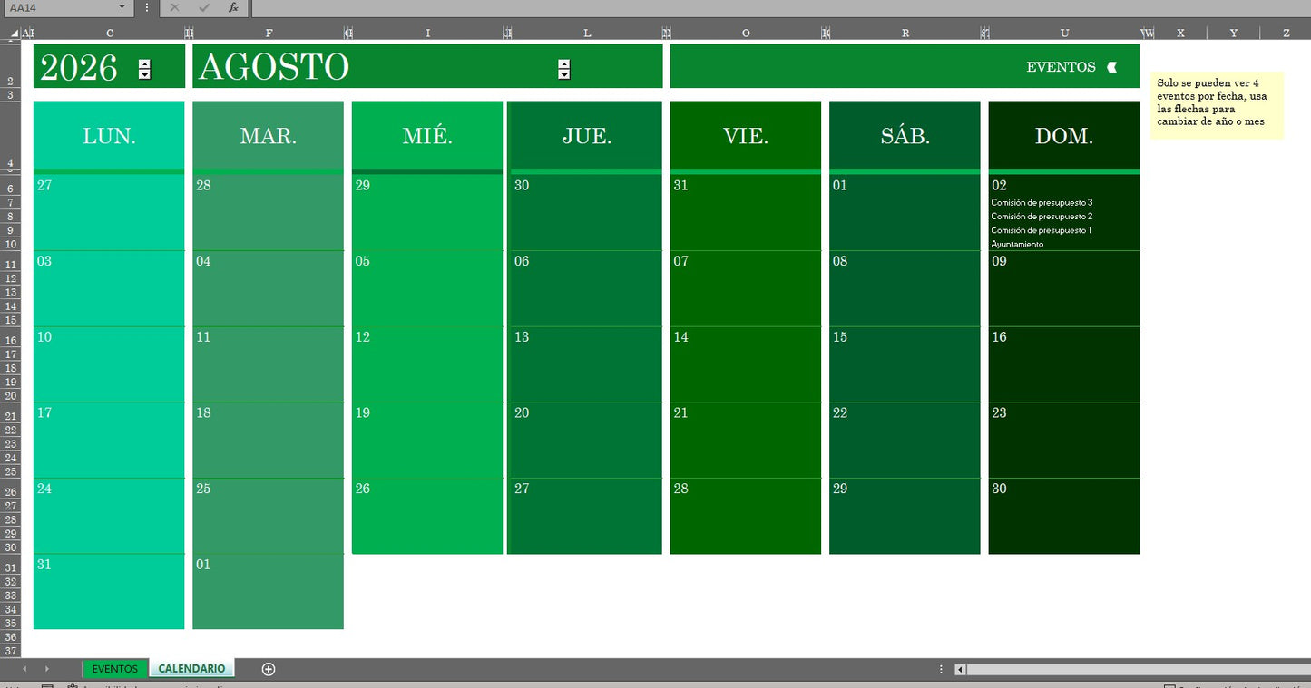 Formato Básico Planificador de Eventos en Excel