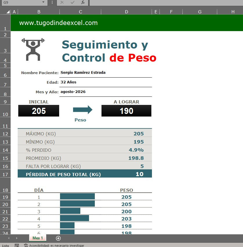 Formato Básico para Seguimiento de Peso en Excel