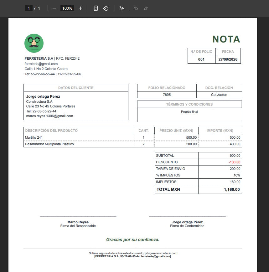 Generador de Multiples Documentos (Cotizacion, Recibo, Factura, Nota) 2027 en Google Sheets ¡Multiplataformas!