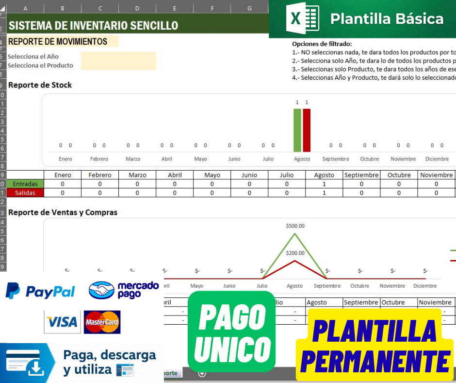 Formato Básico de Control de Inventario en Excel (Stock, Precio de Venta y Compra)