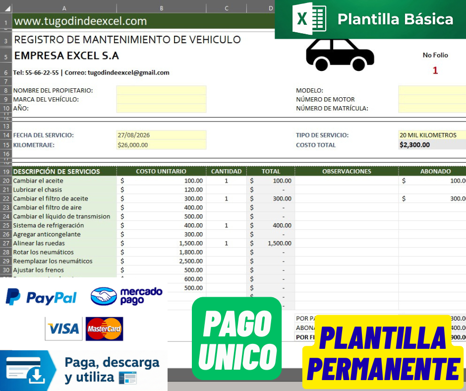 Formato Básico Registro de Mantenimiento de Vehiculo en Excel