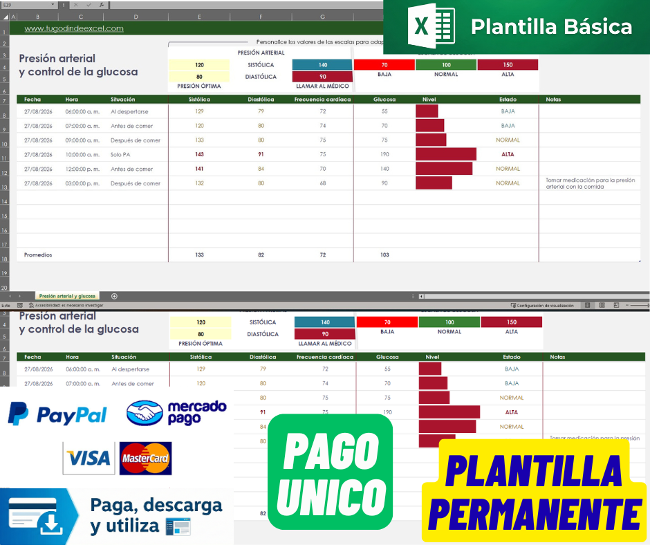 Formato Básico para Control de Glucosa y Presión Arterial en Excel