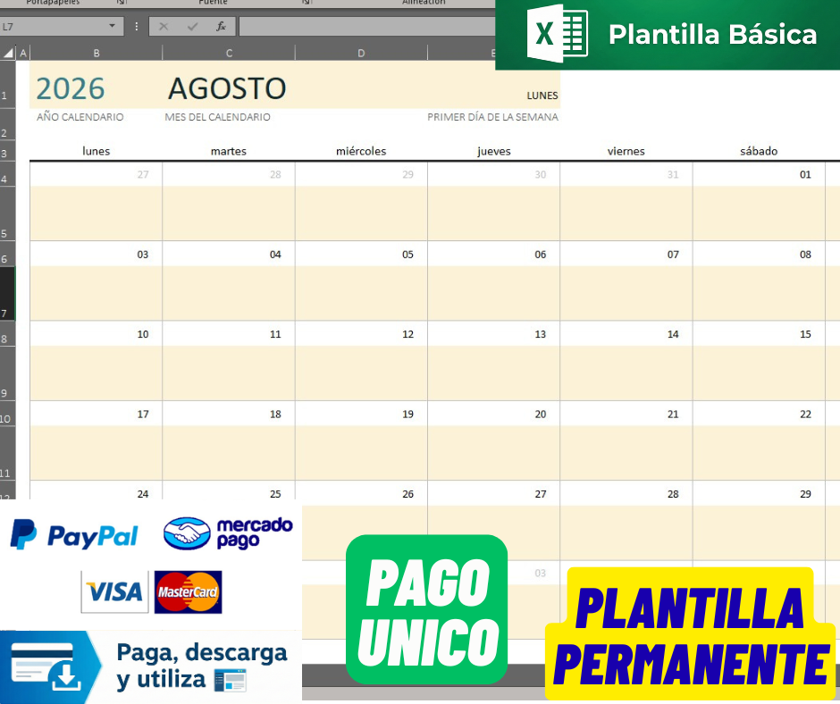 Formato Básico de Calendario en Excel (con espacio para notas)