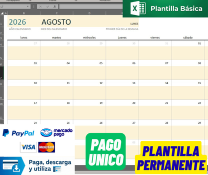 Formato Básico de Calendario en Excel (con espacio para notas)