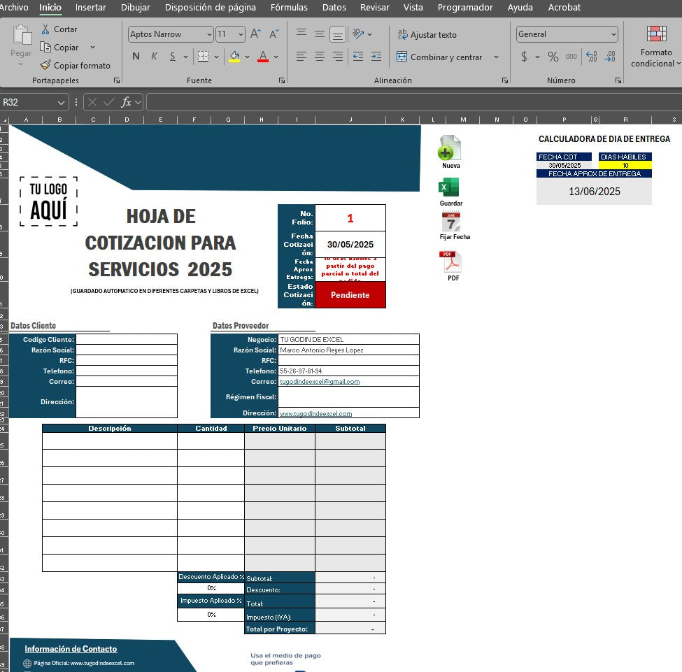 Plantilla para Cotizaciones de Servicios 2025 (Guardado Automático en Carpeta y Libro Excel)