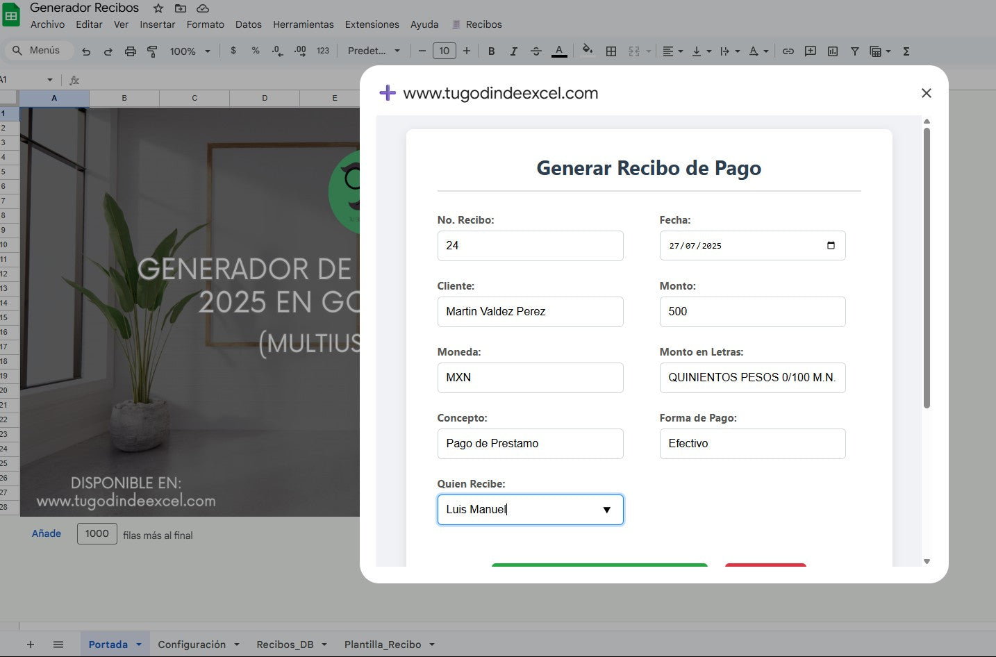 Generador de Recibos de Pago 2025 en Google Sheets Multiusuario