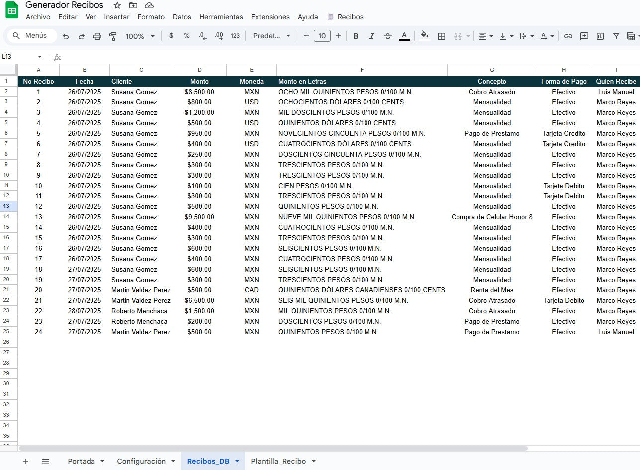 Generador de Recibos de Pago 2025 en Google Sheets Multiusuario