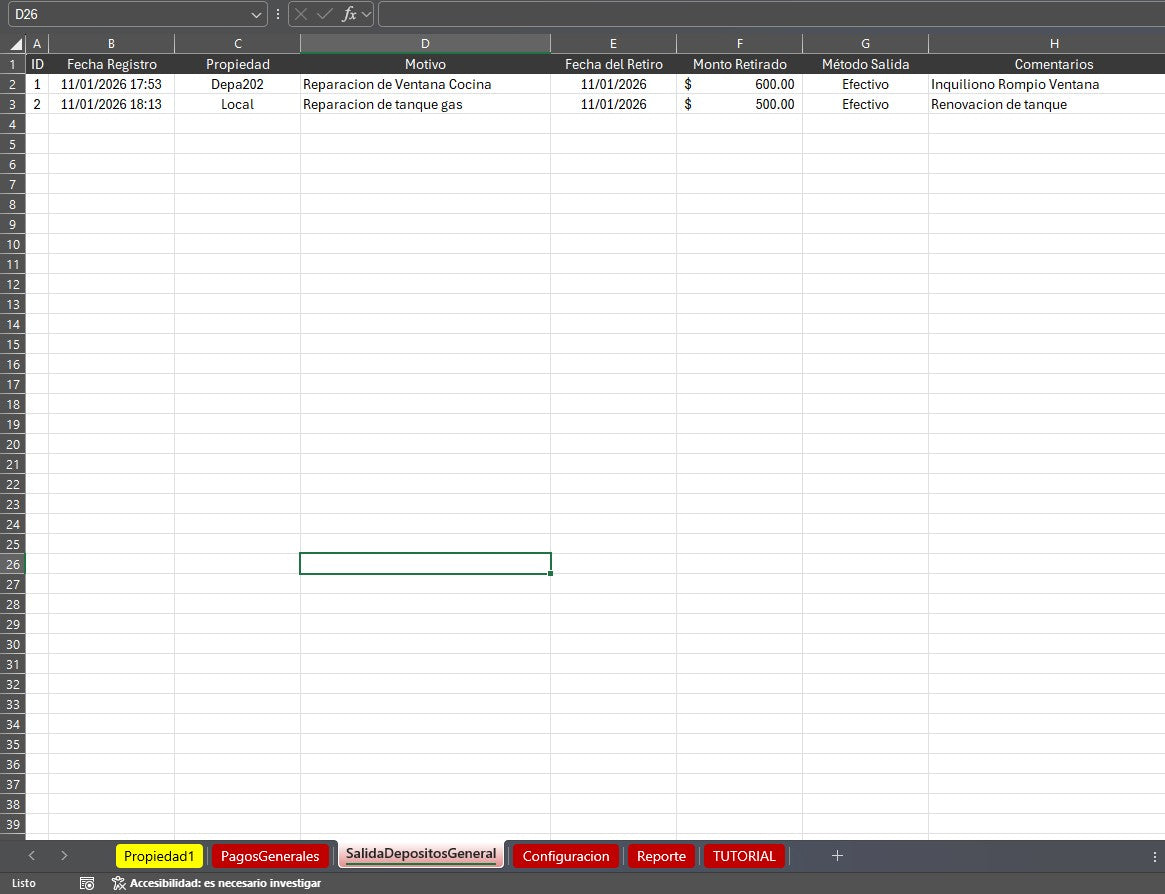 Bitacora para Control de Rentas de Propiedades en Excel 2026 V.2 (Windows/MAC)