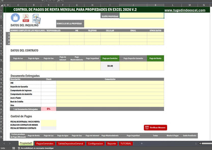Bitacora para Control de Rentas de Propiedades en Excel 2026 V.2 (Windows/MAC)