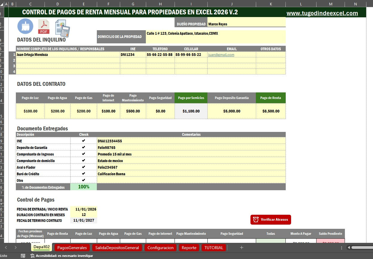 Bitacora para Control de Rentas de Propiedades en Excel 2026 V.2 (Windows/MAC)