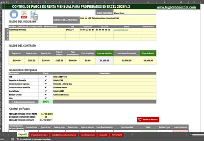 Bitacora para Control de Rentas de Propiedades en Excel 2026 V.2 (Windows/MAC)