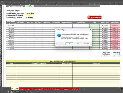 Bitacora para Control de Rentas de Propiedades en Excel 2026 V.2 (Windows/MAC)