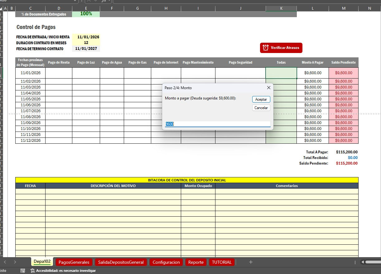 Bitacora para Control de Rentas de Propiedades en Excel 2026 V.2 (Windows/MAC)