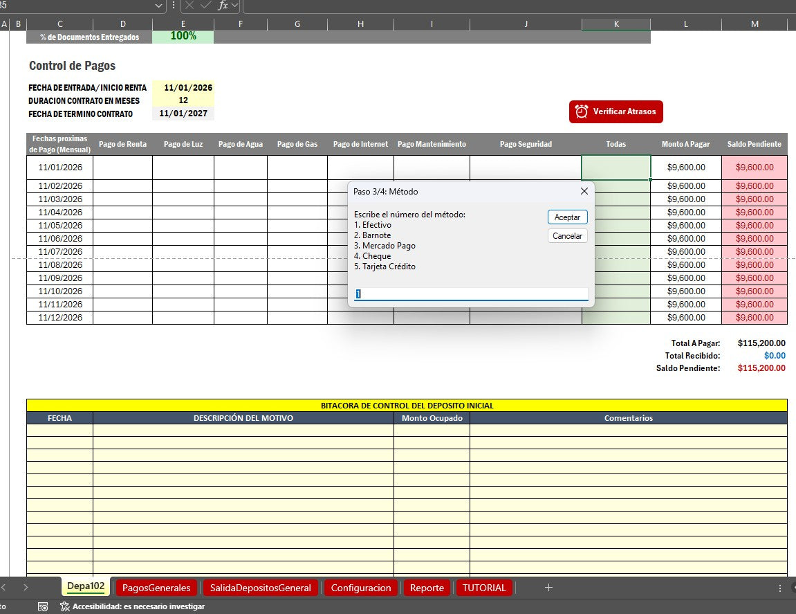 Bitacora para Control de Rentas de Propiedades en Excel 2026 V.2 (Windows/MAC)