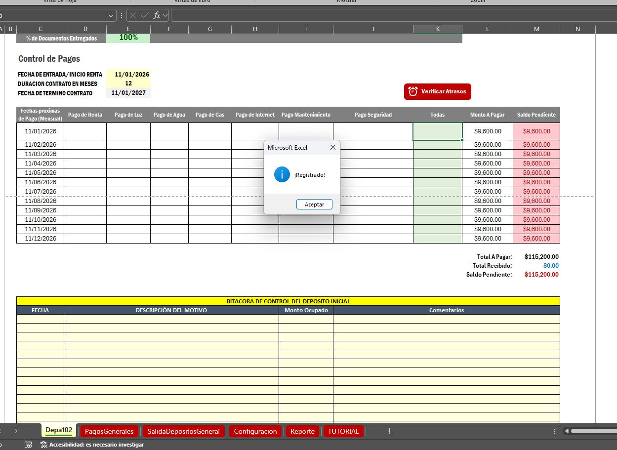 Bitacora para Control de Rentas de Propiedades en Excel 2026 V.2 (Windows/MAC)
