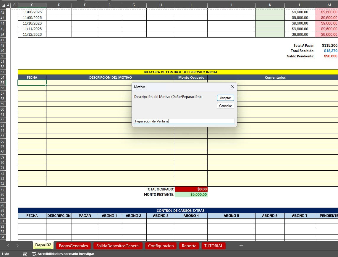 Bitacora para Control de Rentas de Propiedades en Excel 2026 V.2 (Windows/MAC)