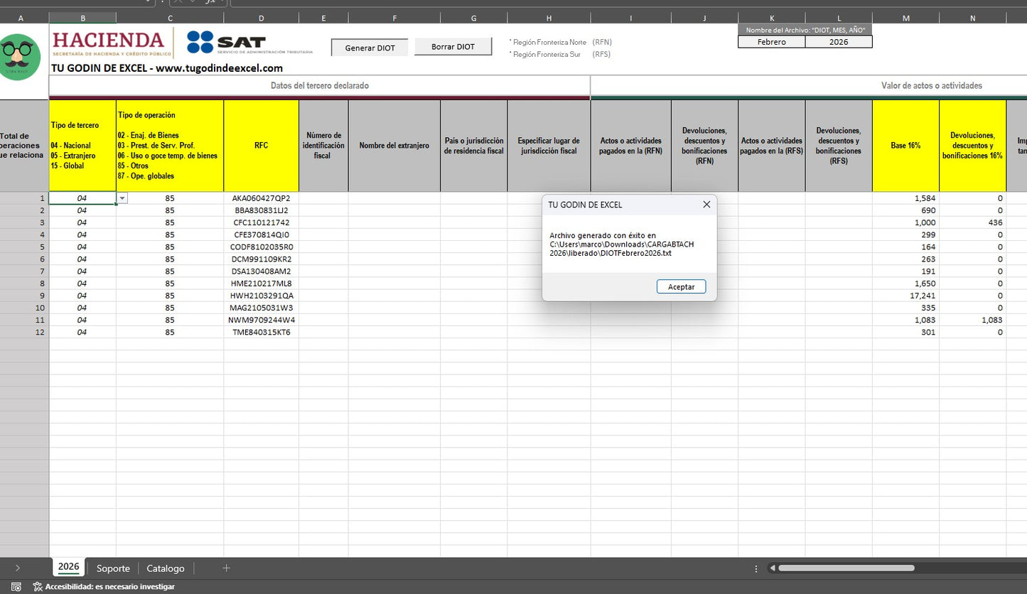 Plantilla Carga Batch (DIOT) 2026 en Excel