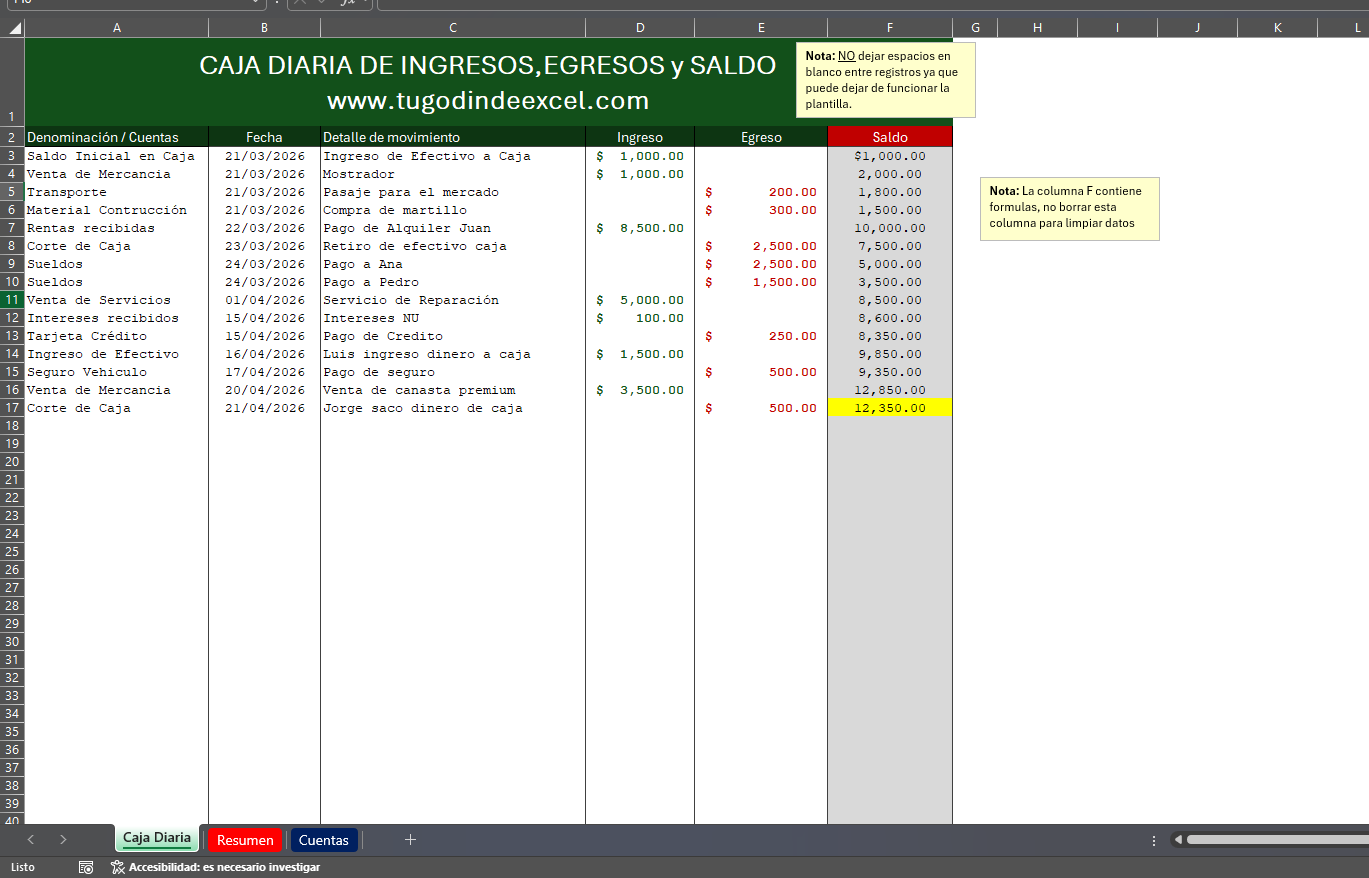 Formato Básico para Caja Diaria de Ingresos, Egresos y Saldo