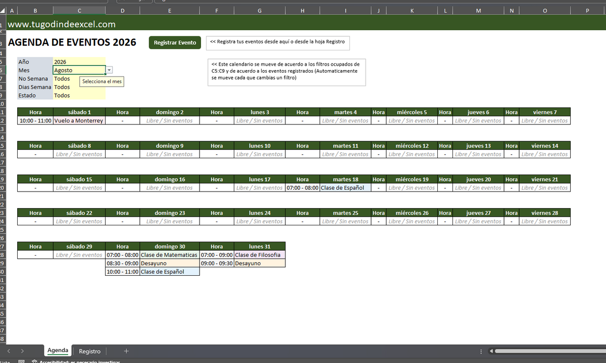 Agenda/Calendario de Eventos en Excel con VBA 2026