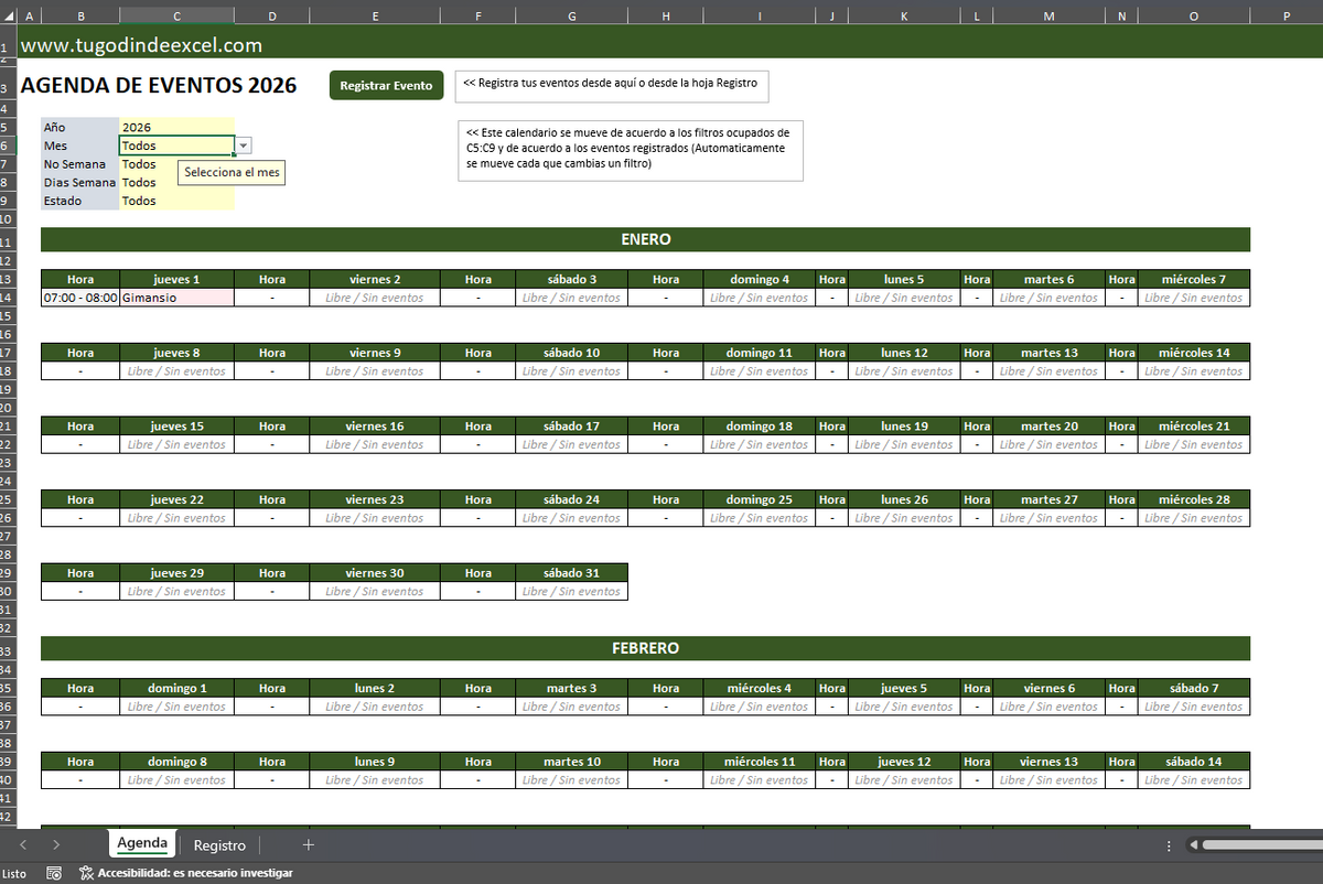 Agenda/Calendario de Eventos en Excel con VBA 2026