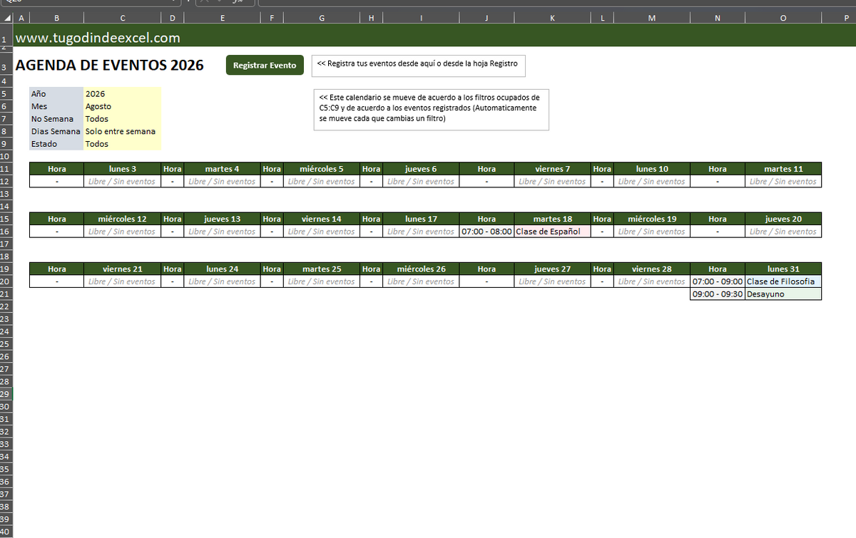 Agenda/Calendario de Eventos en Excel con VBA 2026