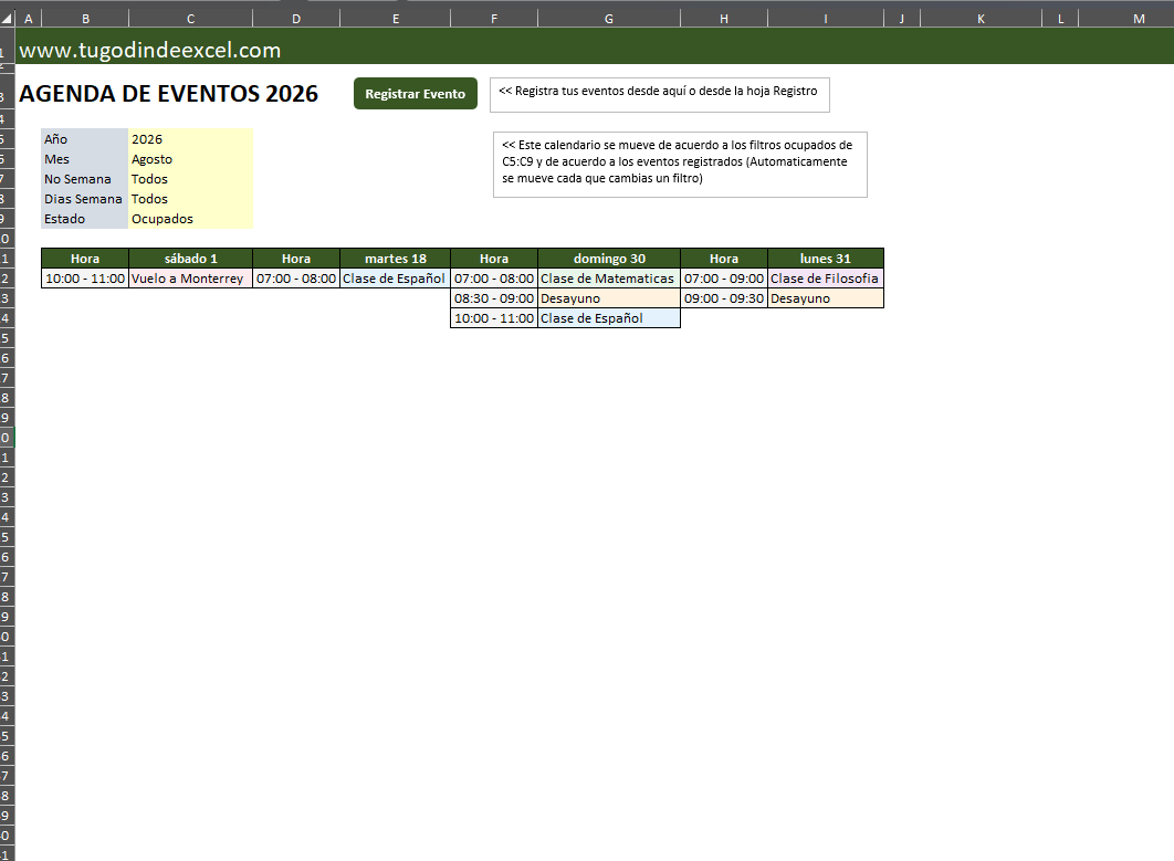 Agenda/Calendario de Eventos en Excel con VBA 2026