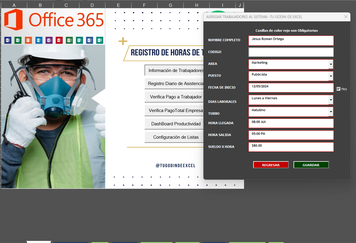 Registro de Trabajadores y Horas de Trabajo en Excel 2024