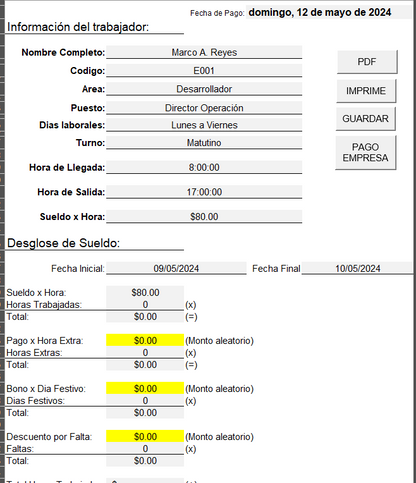 Registro de Trabajadores y Horas de Trabajo en Excel 2024