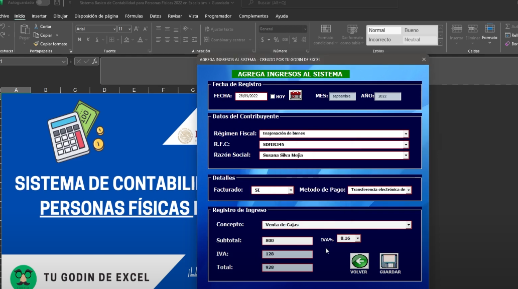 Sistema Contable  para Personas Físicas en Excel