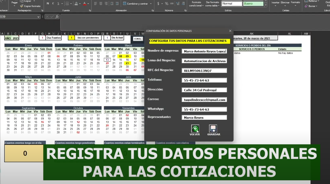 Registro de Servicios en Calendario en Excel