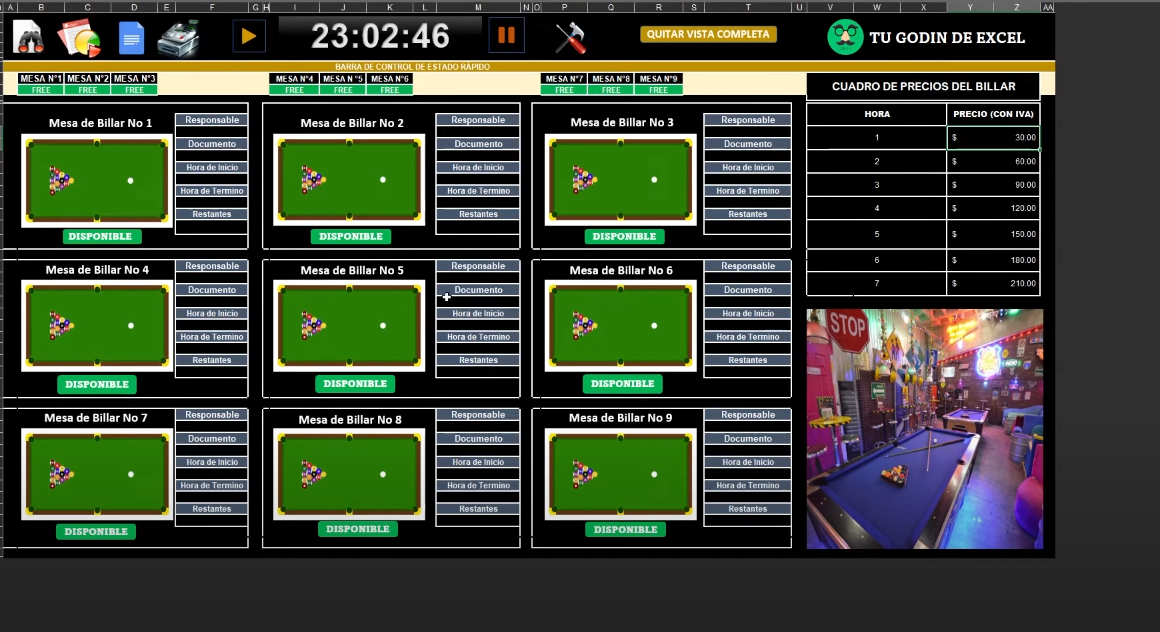 Sistema para Rentas de Mesas de Billar en Excel