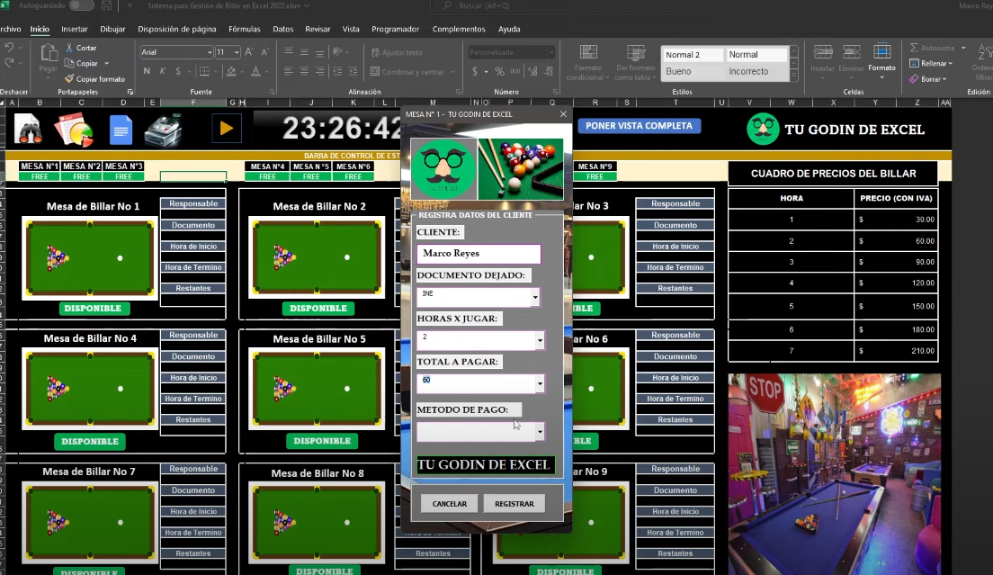 Sistema para Rentas de Mesas de Billar en Excel