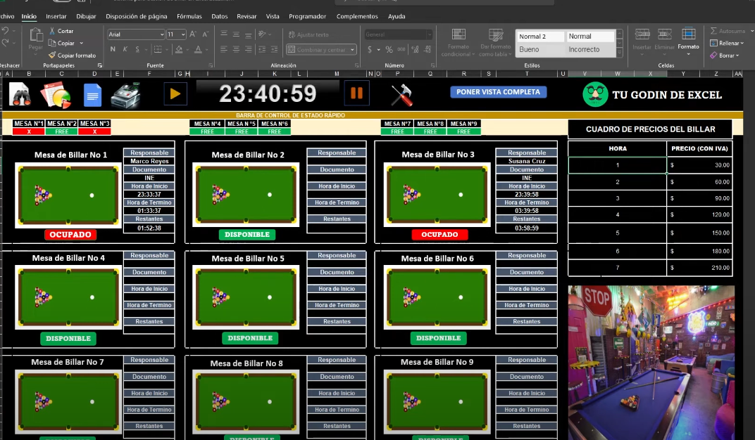 Sistema para Rentas de Mesas de Billar en Excel