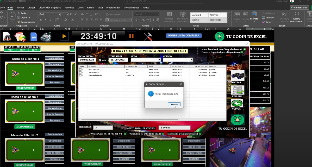 Sistema para Rentas de Mesas de Billar en Excel