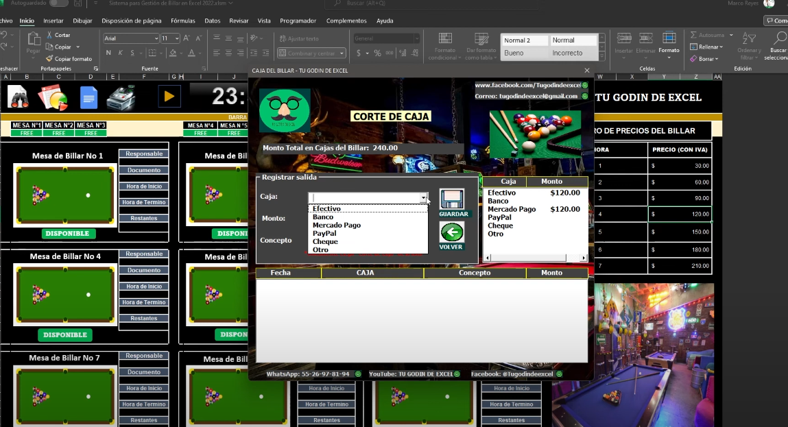Sistema para Rentas de Mesas de Billar en Excel